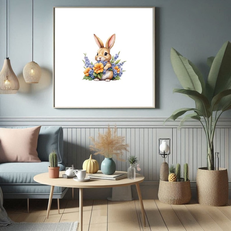 May include: A brown bunny rabbit with long ears sits in a bed of purple and yellow flowers. The bunny is surrounded by flowers and has a white background.
