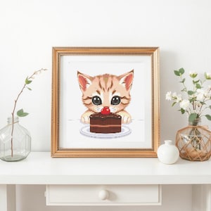 Cat Eating Cake Cross Stitch Pattern,Digital Instant Download, Cute Kitty Embroidery, Dessert Design, Kitchen Decor,DIY Craft,Pet Lover Gift