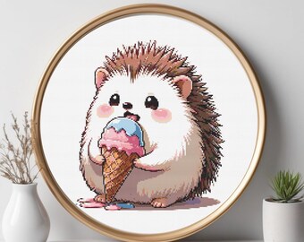 ハリネズミがアイスクリームを食べるクロスステッチパターン：かわいい刺繍（PDF）