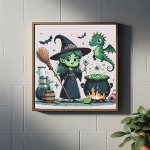 Söt häxa korsstygnsmodell som present till barnrum - Korsstygnsmönster - Broderifil - Witchy Stitcher - Direkt nedladdning