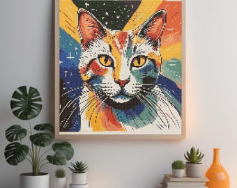 Colorful Oil Painting Cross Stitch-Oil Painting Cat Modern Design Pattern-Embroidery Pattern-Instant Download- Handmade DIY-Cute Cat Xstitch