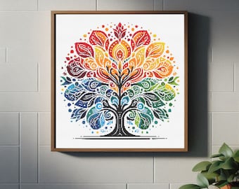 May include: A framed print of a colorful tree with a rainbow design. The tree is stylized with intricate details and a black outline.