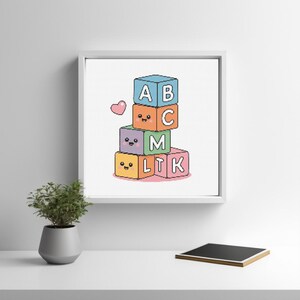 Patrón de punto de cruz kawaii con bloques de letras ABC / Lindo bordado educativo para guardería (PDF) / Descarga instantánea como regalo para habitación de bebé