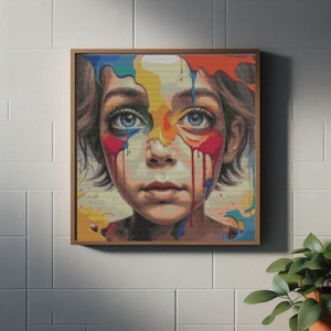Add Color to Your Home Decoration and Wall Art with Modern Art Cross Stitch Painting of a Sad Child - Digital Download- Modern Craft Art