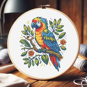 Modello a punto croce con pappagallo con colori vivaci, adatto per la decorazione domestica e le camerette dei bambini: modello su tela per download digitale facile da progettare