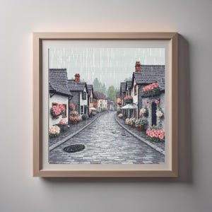 Rainy Village Street Digital Cross Stitch Pattern - Charming Floral Houses Scene - DIY Embroidery PDF for Cozy Home Décor & Gift Ideas