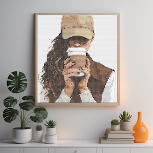 Minimalist Person Holding Coffee Cup with Rings Cross Stitch Pattern: Modern and Stylish Embroidery Design, Instant PDF Download