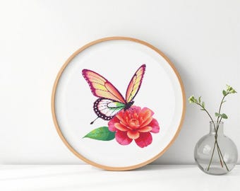 Colorful Butterfly on Flower Cross Stitch Pattern - Floral Nature Embroidery Design - Digital Download for Home Decor & Gifts