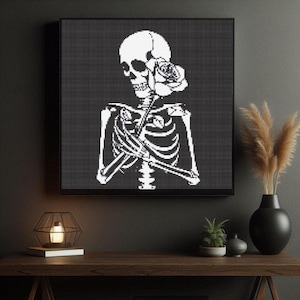 Dark Skeleton Cross Stitch Pattern | Gothic Skull Holding Rose | Horror Embroidery Design | Digital PDF| DIY Spooky Decor | Instant Download