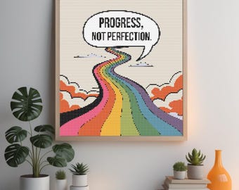 Le progrès, pas la perfection Motif de point de croix arc-en-ciel : motif de broderie motivant, téléchargement PDF instantané pour travaux d'aiguille DIY