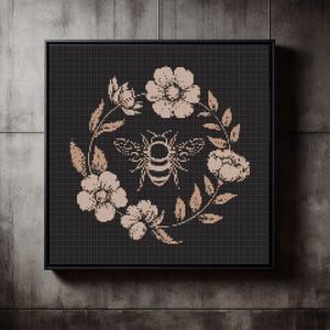 Antique Botanical Bee Cross Stitch with Flowers–Sepia Embroidery on Black Canvas-Gothic Cross Stitch-Hoop Art-Instant Download-Blackwork