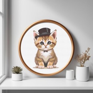 May include: A cute orange tabby kitten wearing a black top hat and a black bow tie. The kitten is sitting on a white background.