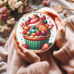 May include: A colorful cross-stitch embroidery of a cupcake with a swirl of pink and white frosting, topped with a variety of fruits, candies, and sprinkles. The cupcake is in a green cupcake liner and is surrounded by a white background.