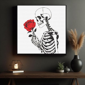 Skeleton Holding Rose Cross Stitch Pattern | Gothic Black & White Embroidery | Dark Aesthetic Stitch | Digital PDF | DIY Spooky Decor