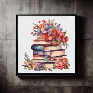 Authentisches Buch Kreuzstich Modell - Modernes Design - Bringen Sie Farbe in Ihr Zuhause mit Blumen und Büchern-Hoop Art-Instant Download Pdf