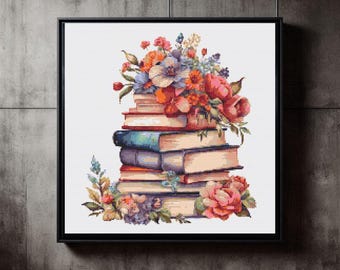 Authentic Book Cross Stitch Model - Modern Design - Add Color to Your Home with Flowers and Books-Hoop Art-Instant Download Pdf