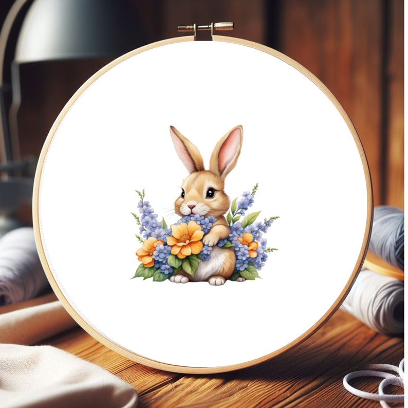 May include: A brown bunny rabbit with long ears sits in a cluster of purple and yellow flowers. The bunny is looking to the left and has a sweet expression on its face.