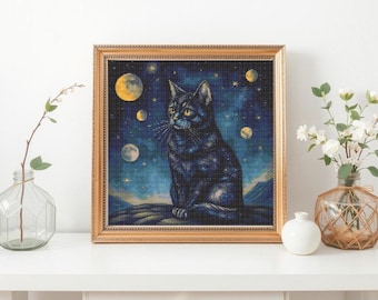 Galaxy Cat Cross Stitch Pattern: Celestial Black Cat Design (Digital Download)