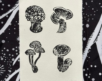 Mushroom collection linocut print A5