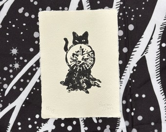 Magical Cat Linocut Print A6