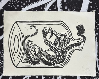 Octopus linocut print A4