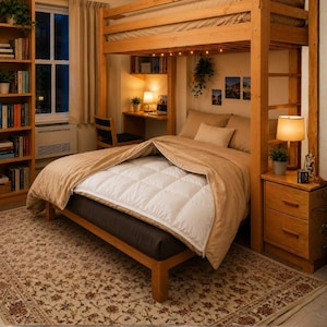 May include: A wooden loft bed frame with a dark brown mattress and a beige duvet cover folded back to reveal a white quilted comforter. The bed is positioned next to a wooden nightstand with a lamp, a bookshelf, and a patterned area rug.
