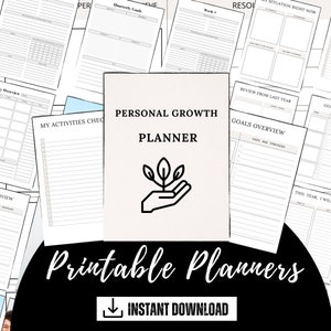 May include: Printable personal growth planner featuring a hand holding a plant, with the text "Personal Growth Planner" and "Printable Planners" in black text on a white background.