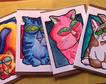 Greeting card, Cards, Holiday Card, Birthday Cards, Painted Card, Handmade Art, Cat Adoption, Small paintings, Watercolors Set3, Blank Cards