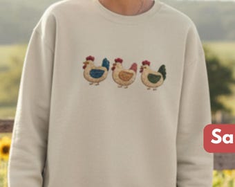 Chicken Sweatshirt Farmhouse Crewneck with Faux Embroidery Patchwork Hen Design, Farm Life Gift for Chicken Lover, Gildan 18000 Rustic Style