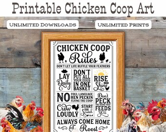 Puede incluir: Arte imprimible con una ilustración en blanco y negro de las reglas de un gallinero. La ilustración está rodeada de un marco de madera marrón. El texto incluye: "Chicken Coop Rules", "Don't let life ruffle your feathers", "Don't put all your eggs in one basket", "Rise and Shine", "No foul language hen peckin' flying the coop", "Don't peck the hand that feeds you", "Crow loudly", "Start from scratch", "Always come home", "To Roost".