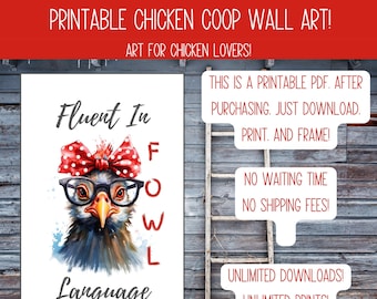 Puede incluir: Arte de pared imprimible con un pollo de dibujos animados que lleva gafas y un lazo rojo, con el texto "Fluent In FOWL Language".