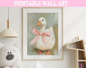 May include: A printable wall art print featuring a white duck with a pink bow. The duck is painted in a realistic style and has a soft, whimsical look. The background is a light green color.