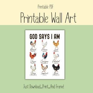 May include: Printable wall art with a watercolor illustration of chickens and the text "GOD SAYS I AM" with bible verses listed below each chicken. The words include "Blessed", "Precious", "Loved", "Unique", "Courageous", "Protected", "Strong", "Important", and "Brave".