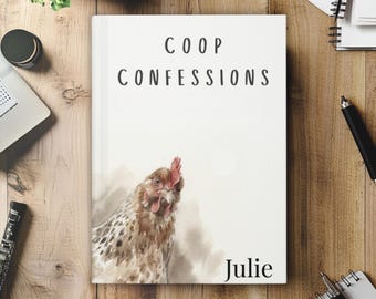 May include: A hardcover journal titled "COOP CONFESSIONS" with a watercolor illustration of a chicken. The name "Julie" is printed at the bottom. The journal is on a wooden surface with office supplies.