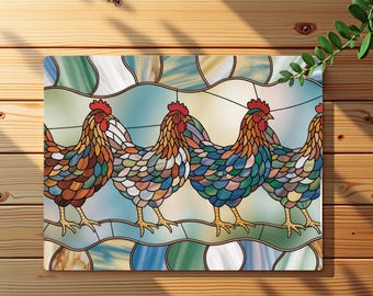 Tabla de cortar de vidrio con diseño de gallinas en vitral falso, decoración de cocina avícola de granja, regalo colorido para amantes de las gallinas.