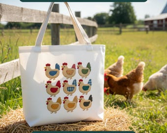 Chicken Tote Bag With Embroidered Look Patchwork Chickens, Rustic Farm Market Bag For Chicken Lovers, Farmers, Homesteaders, Farmhouse Style