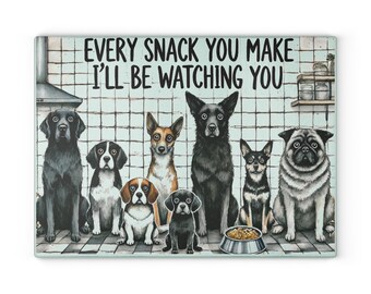 Glass Cutting Board for Dog Lovers | Whimsical Food Prep Tray with Puppies Watching Snack | Unique Kitchen Decor & Gift for Pet Owners