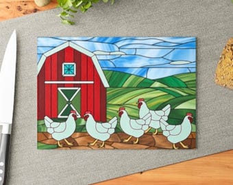 Tabla de cortar de pollo con vitral falso, escena de granero, vidrio templado, decoración de cocina de granja, regalo para gallina y corral, regalo estilo granja para recién casados