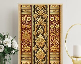 Printable Thai Temple Wall Art, Intricate Lattice Design, Vibrant Gold & Red Decor, Cultural Wall Art, Digital Download, Home Office Decor