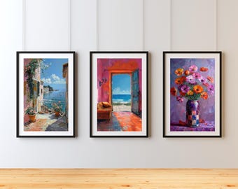 Lebhaftes Küsten- und Blumentriptychon-Wandkunst-Set mit 3 Stück