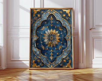 Islamic Floral Wall Art: Blue and Gold Ornate Design (Digital Download)
