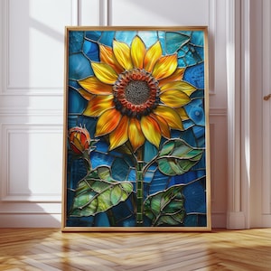 Impresión artística de girasol en vitral: Diseño floral amarillo y azul (descarga digital)