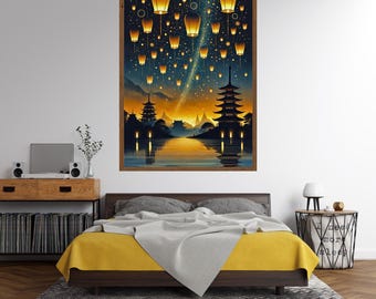 Thai Yi Peng Lantern Festival Printable Wall Art - Glowing Lanterns Night Sky Digital Download - Asian-Inspired Home Decor