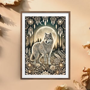 Majestic Boho Wolf Printable Wall Art – Mystical Mandala Design, Moonlit Forest Decor, Dreamcatcher Art, Nature-Inspired Home Decor