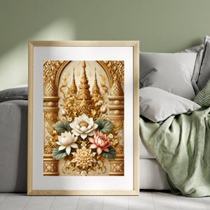 Golden Thai Mandala Printable Wall Art | Lotus Temple-Inspired Digital Download | Intricate Thai Décor | Instant Download Gift for Home