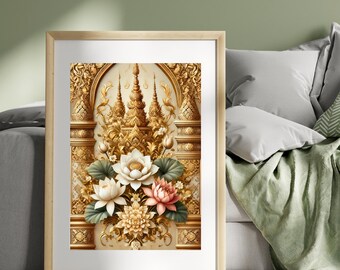 Golden Thai Mandala Printable Wall Art | Lotus Temple-Inspired Digital Download | Intricate Thai Décor | Instant Download Gift for Home