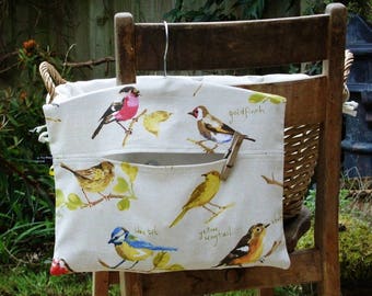 Peg Bag Clothespin Bag in British Garden Birds Cotton Fabric With Wooden Hanger