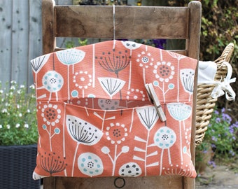 Peg Bag in Scandi Floral in Orange, Yellow or Grey Cotton Fabric Hanging Clothespin Bag