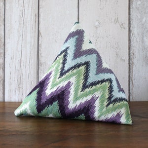 Fabric Doorstop, Doorstopper, Door Wedge in a Light Blue, Purple and Green Zig Zag Fabric, Triangular, Pyramid Shape