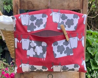 Clothespin Bag, Peg Bag in Black and White Cow Print on Red Cotton Fabric